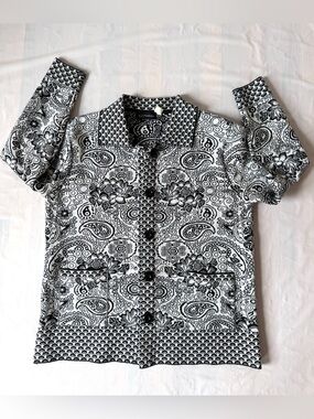 T-C Fashion black and white paisley knit button up jacket acrylic women's M